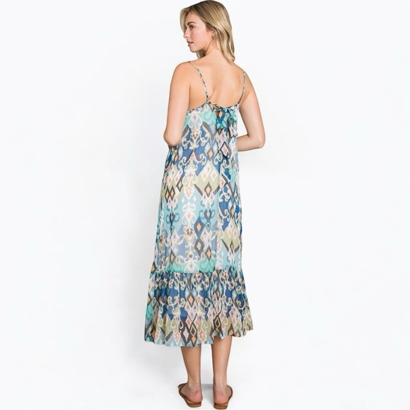 NWT Sleeveless Boho Ruffle Printed Woven Blue Green Cami Maxi Dress - Picture 4 of 12